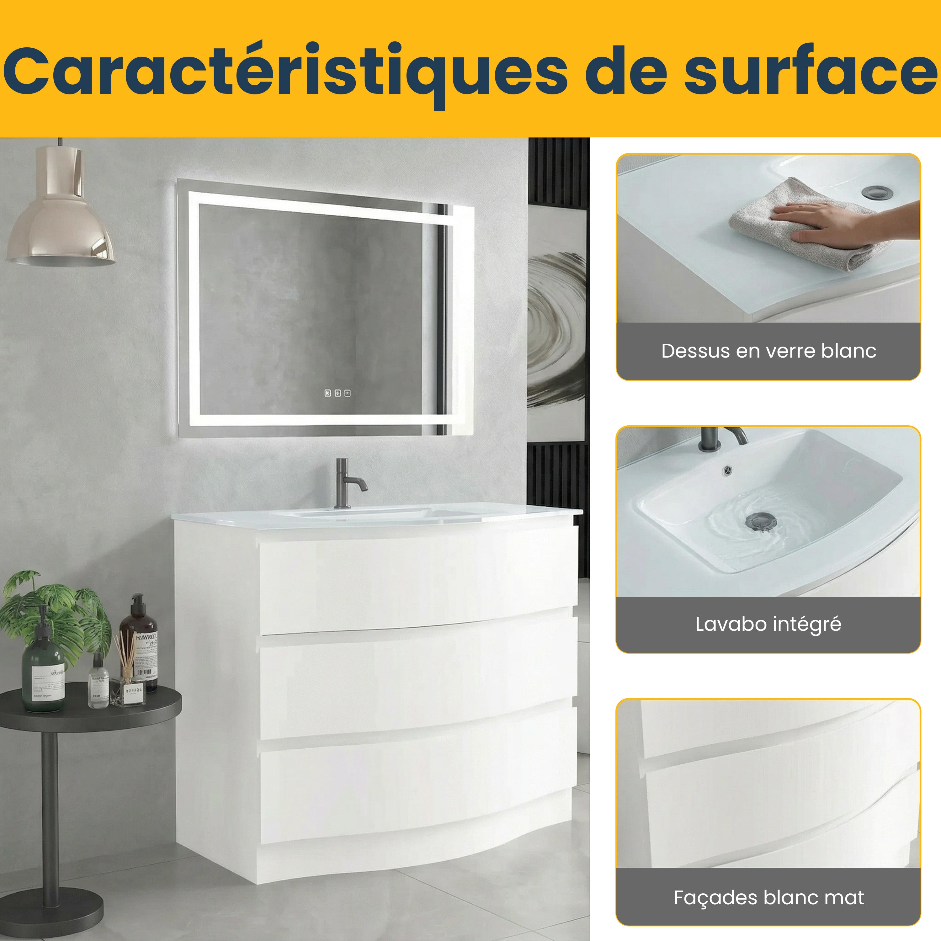Meuble-Lavabo Autoportant 40po Blanc Mat avec Comptoir de Verre Blanc