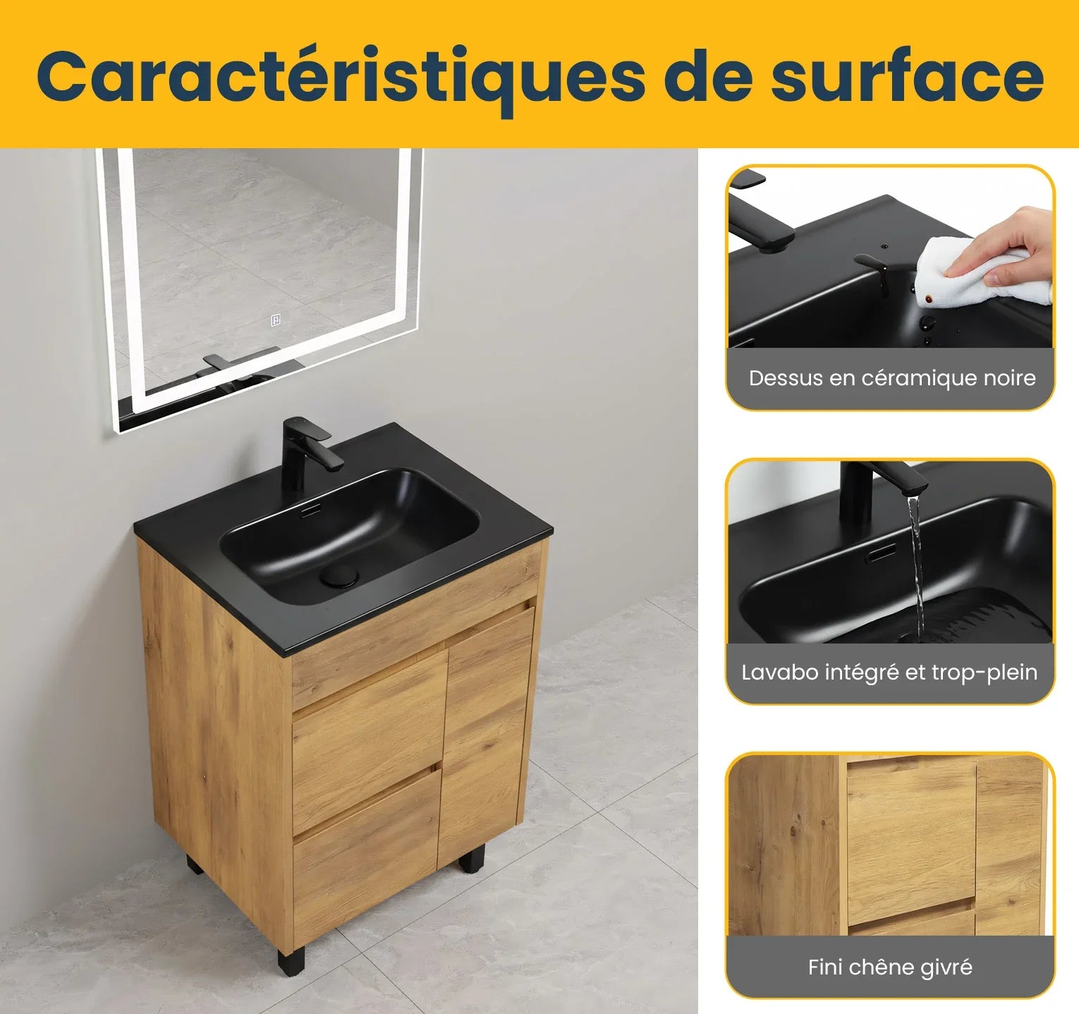 24" Frosted Oak Freestanding Single Sink Bathroom Vanity with Black Ceramic Countetop