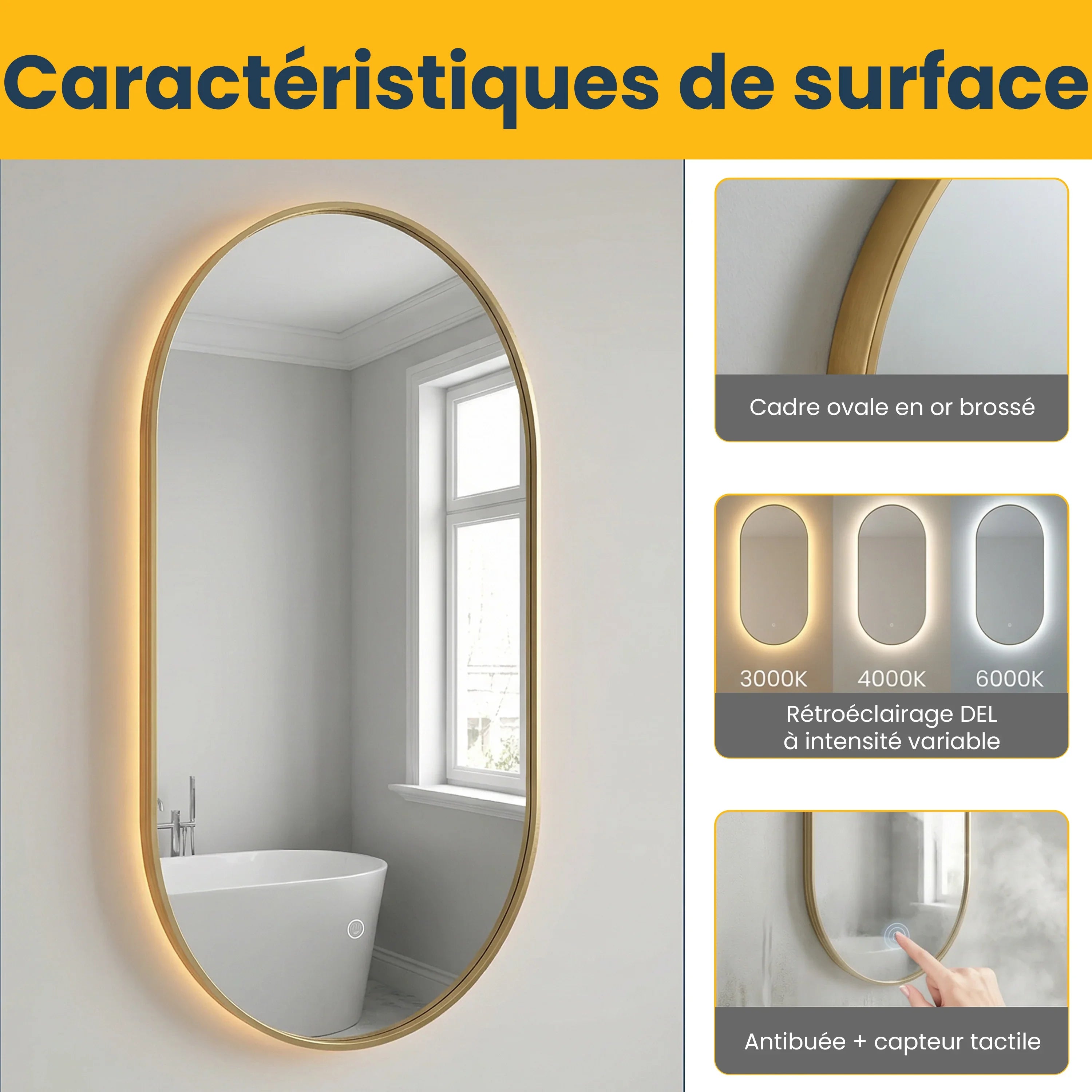 24" x 40" LED Oval Bathroom Mirror with Brushed Gold Frame