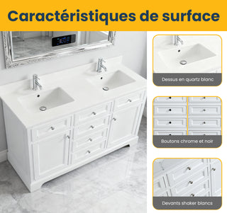 Meuble-Lavabo Autoportant 60po Blanc avec Comptoir de Quartz Blanc Solide
