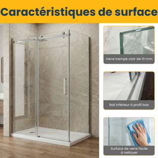 Porte de douche coulissante réversible 48" x 32" x 75" en chrome - Verre 10 mm, installation sur 2 murs avec panneau latéral de 32"