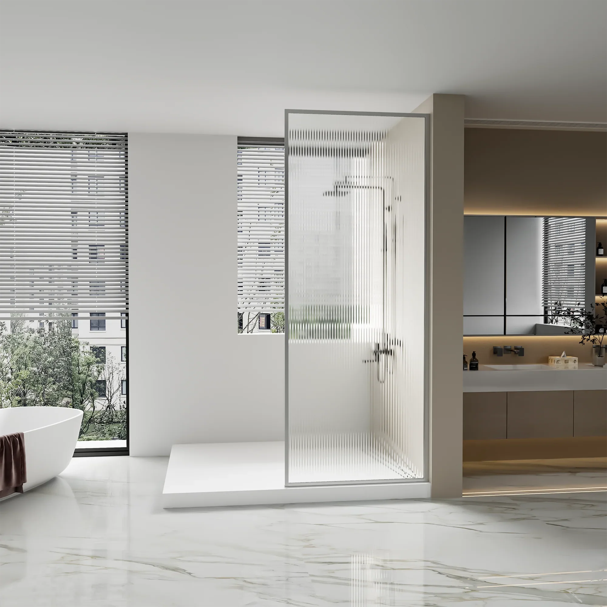 Panneau de Douche Fixe 34po x 79po Chrome Réversible avec Verre Cannelé Ultra Clair