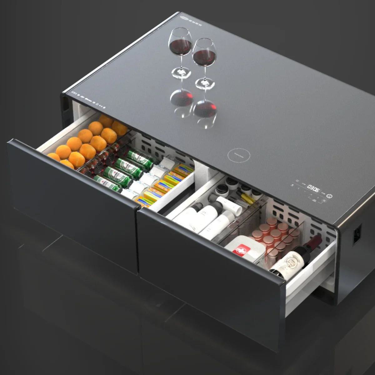 SERA Smart Coffee Table with Refrigerated Drawers, Bluetooth Speakers, Wireless Charging & LED Touch Control - White / Dark Grey / Brown