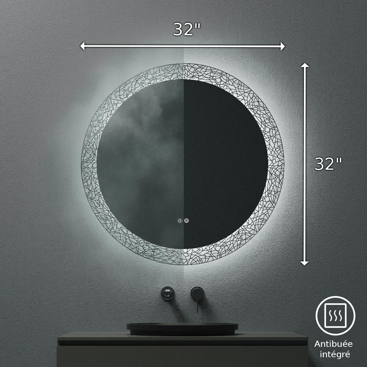 32" Round LED Bathroom Mirror with Laser Pattern Border