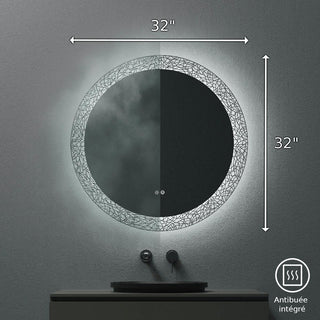 Miroir de Salle de Bain Rond DEL 32 po avec Motif Laser - Miroir Intelligent Anti-Buée avec Fonction de Gradation, Éclairage Blanc Froid 6000K et Commutateur Tactile 3 Positions pour Vanité Moderne