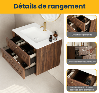 Meuble-lavabo mural Toulouse 30 po en noyer - Comptoir blanc mat