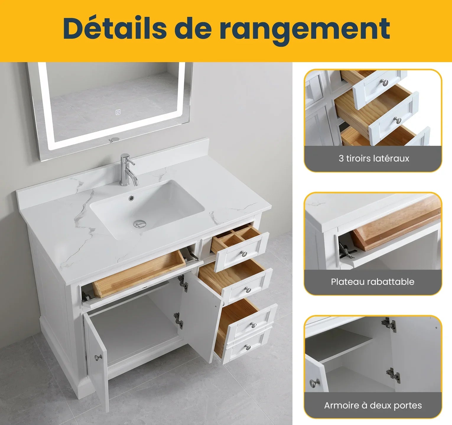 42" White Freestanding Single Sink Bathroom Vanity with Engineered Calcutta Marble Countertop