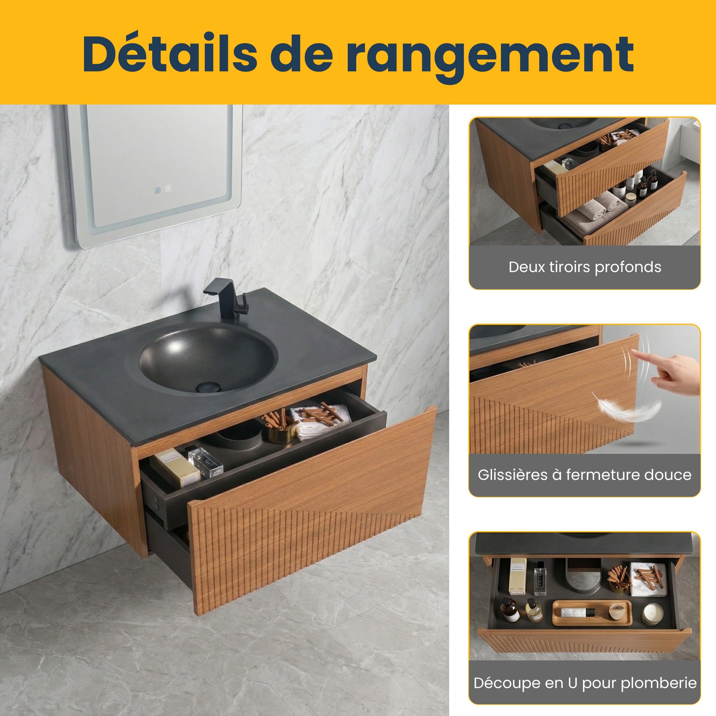 Meuble-Lavabo Mural 36po Chêne Clair avec Comptoir de Quartz d'ingénierie Noir