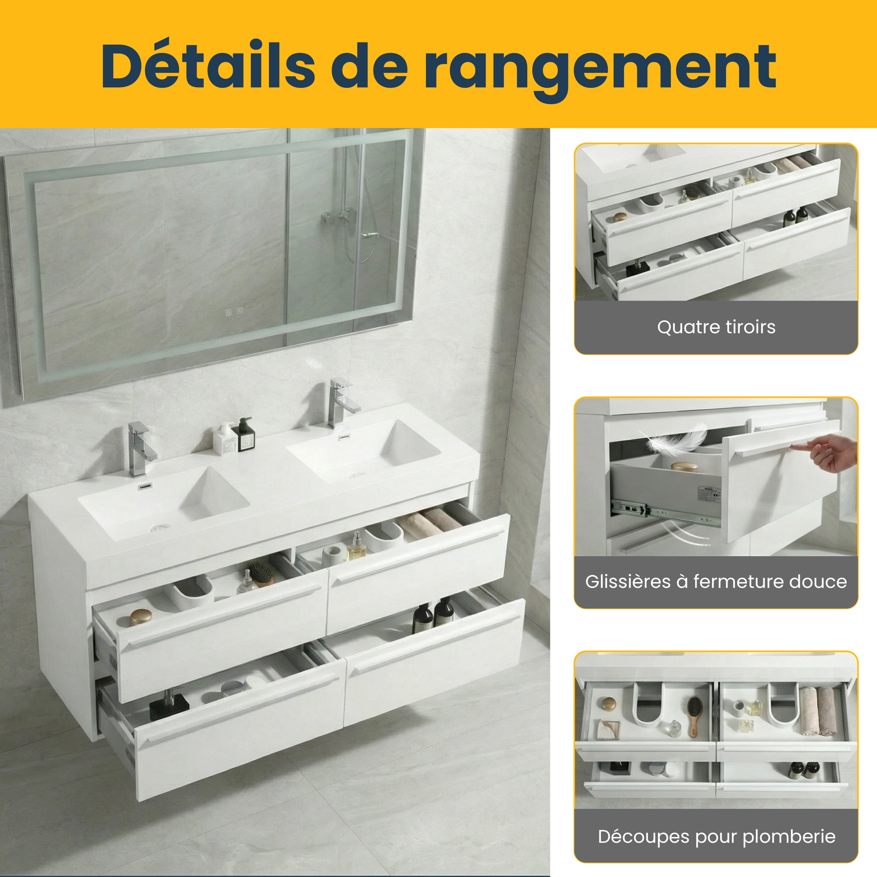 Meuble-Lavabo Mural Blanc de 60 po avec Comptoir en Polymarbre Blanc