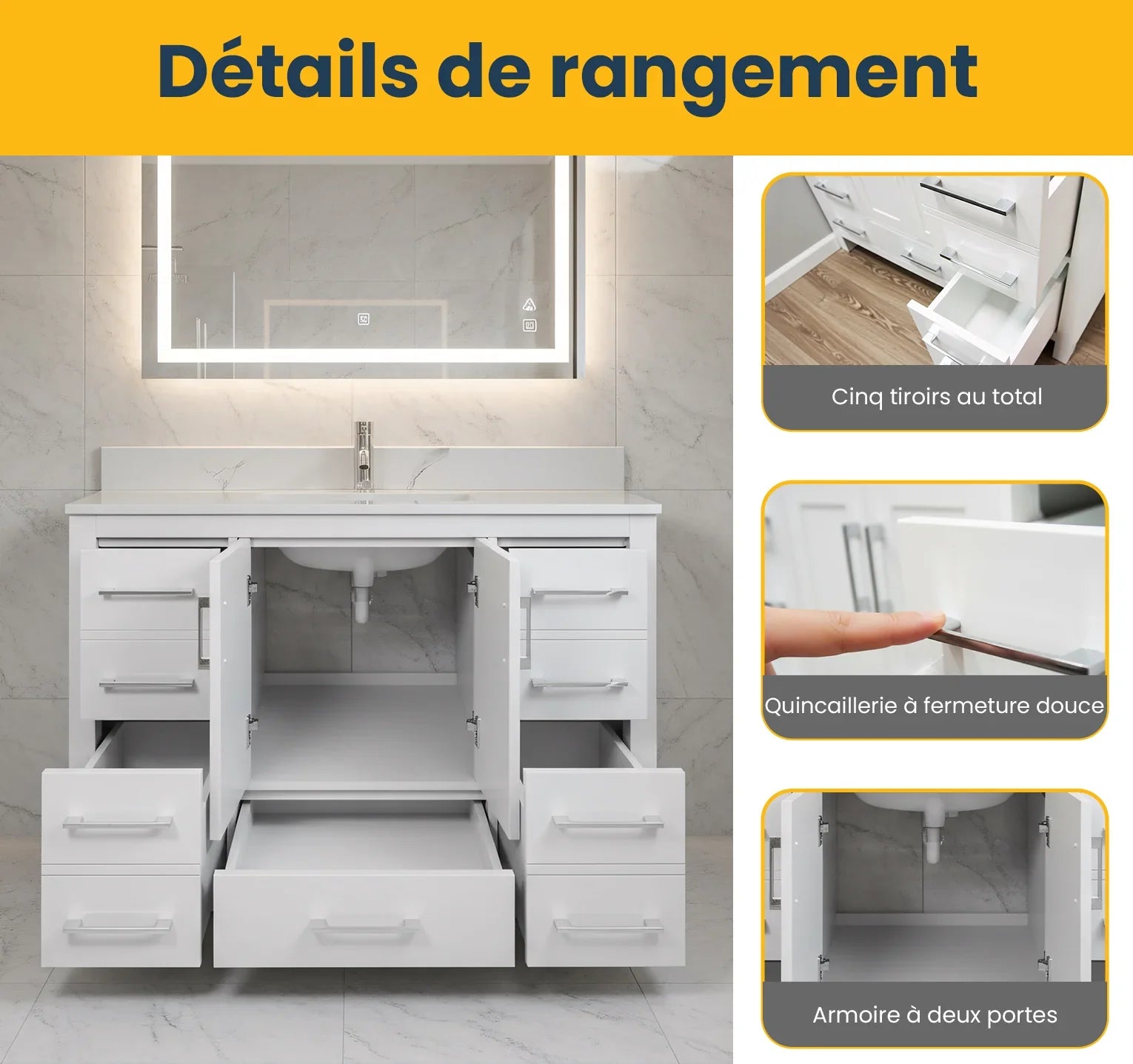 Meuble-lavabo Autoportant 42 po Blanc avec Comptoir de Marbre Ingénierie Calcutta