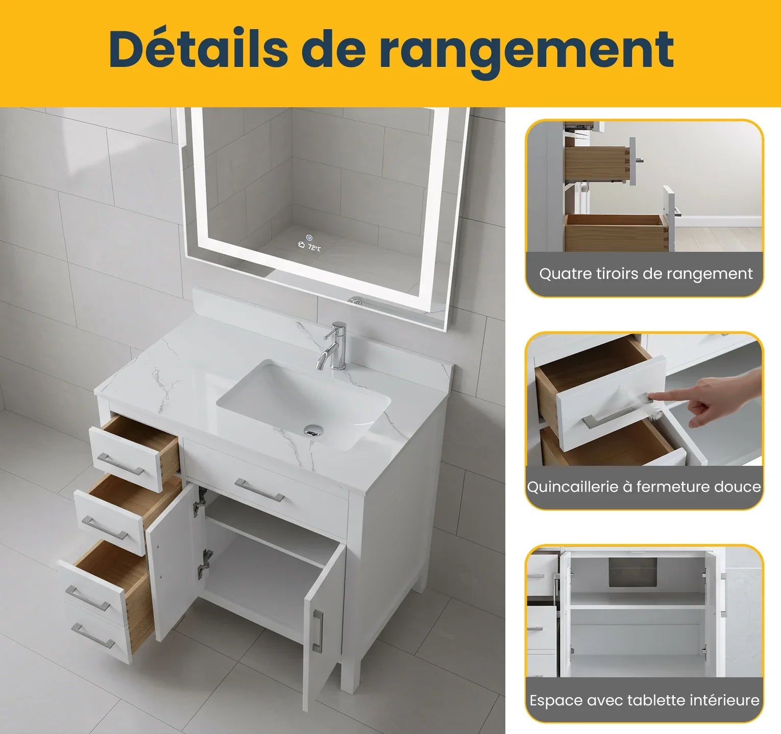 Meuble-Lavabo Autoportant 36po Blanc avec Comptoir de Marbre Ingénierie Calcutta