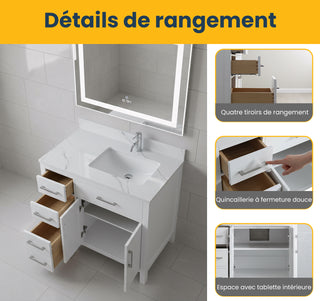 36" White Freestanding Single Sink Bathroom Vanity with Engineered Calcutta Marble Countertop