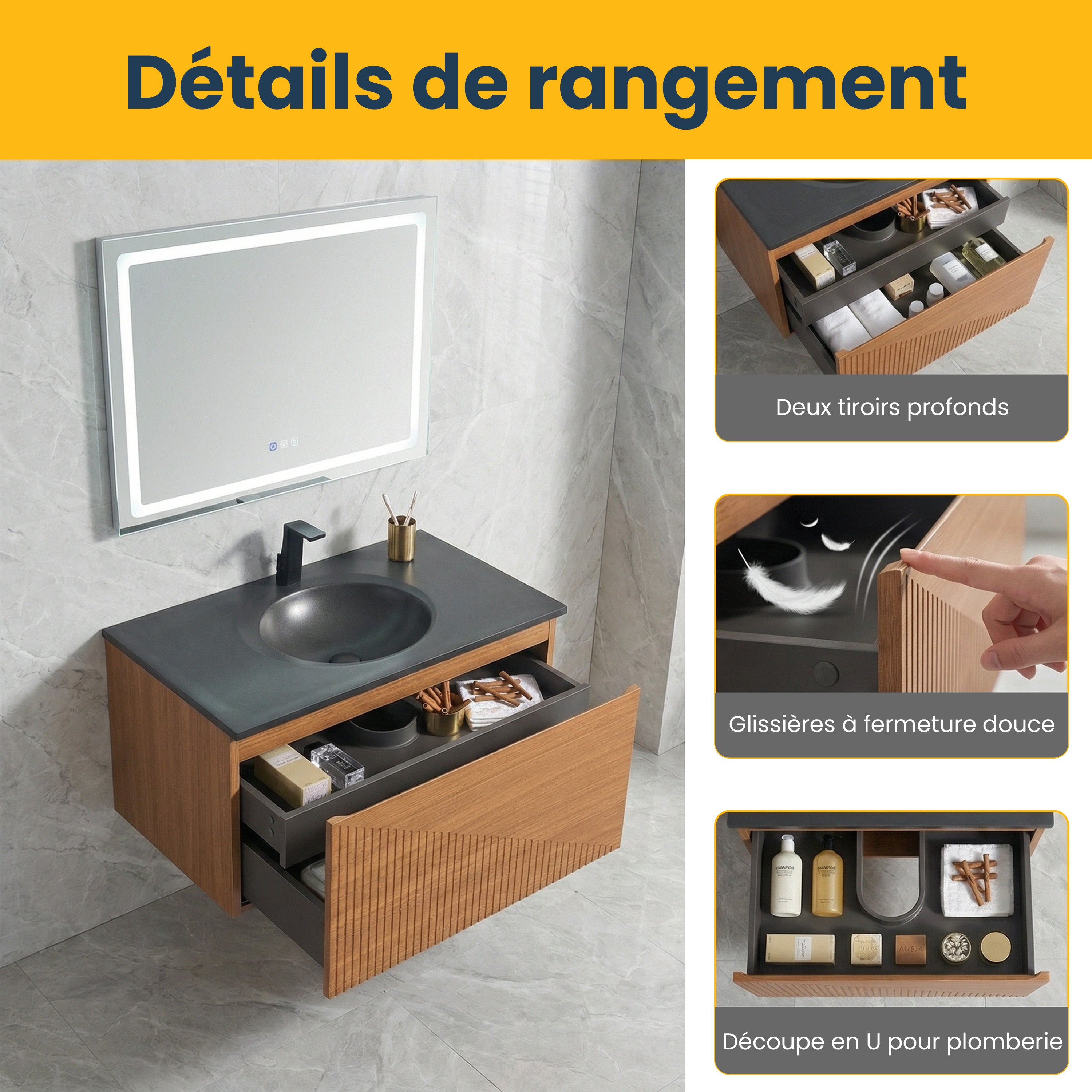 30" Light Oak Wall Mount Bathroom Vanity with Black Engineered Quartz Countertop