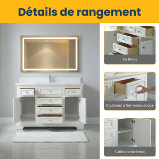 Meuble-lavabo autoportant blanc de 48 po avec comptoir en marbre blanc reconstitué