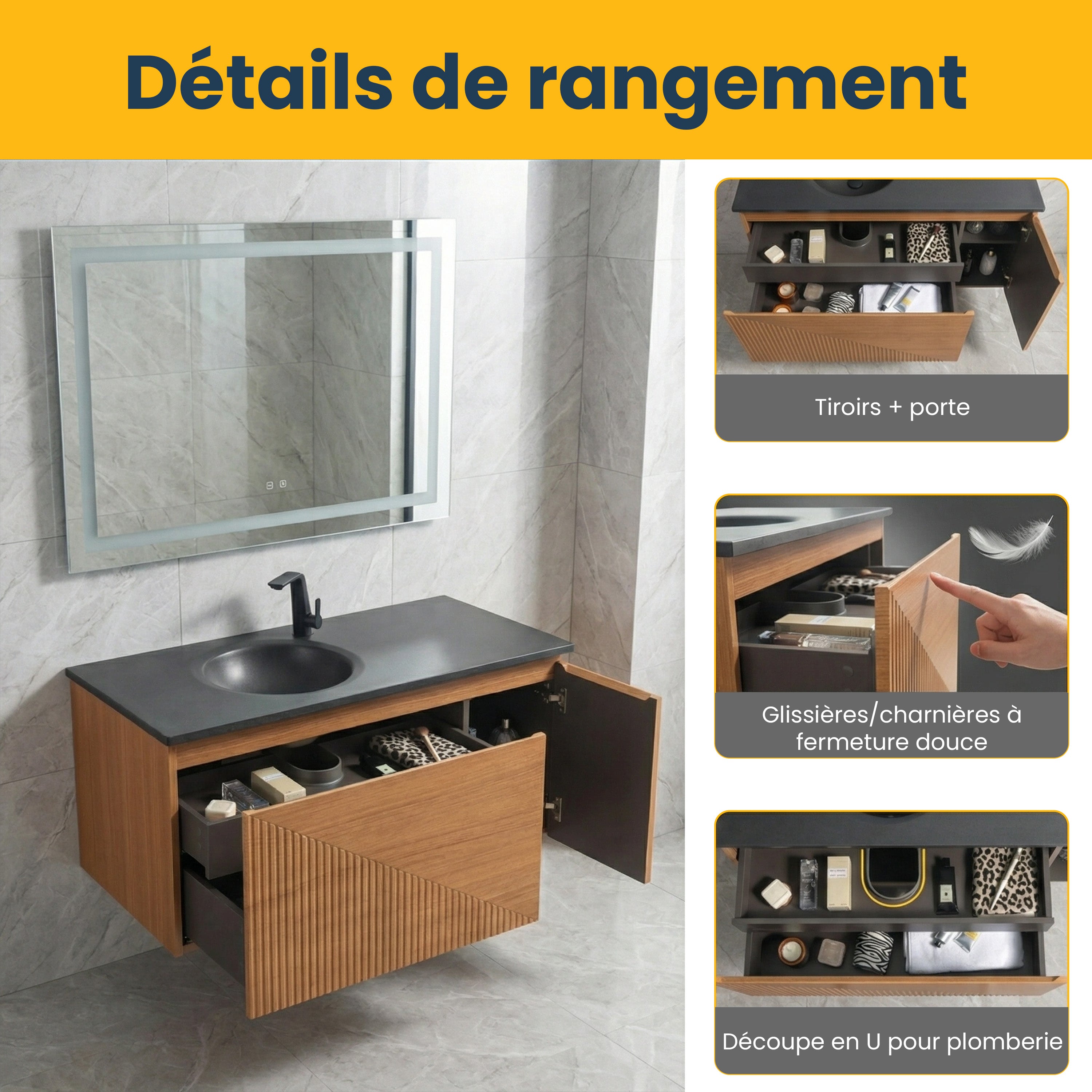 Meuble-Lavabo Mural 48po Chêne Clair avec Comptoir de Quartz d'ingénierie Noir