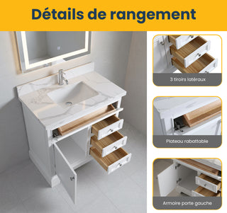 36" White Freestanding Single Sink Bathroom Vanity with Calcutta Quartz Countertop