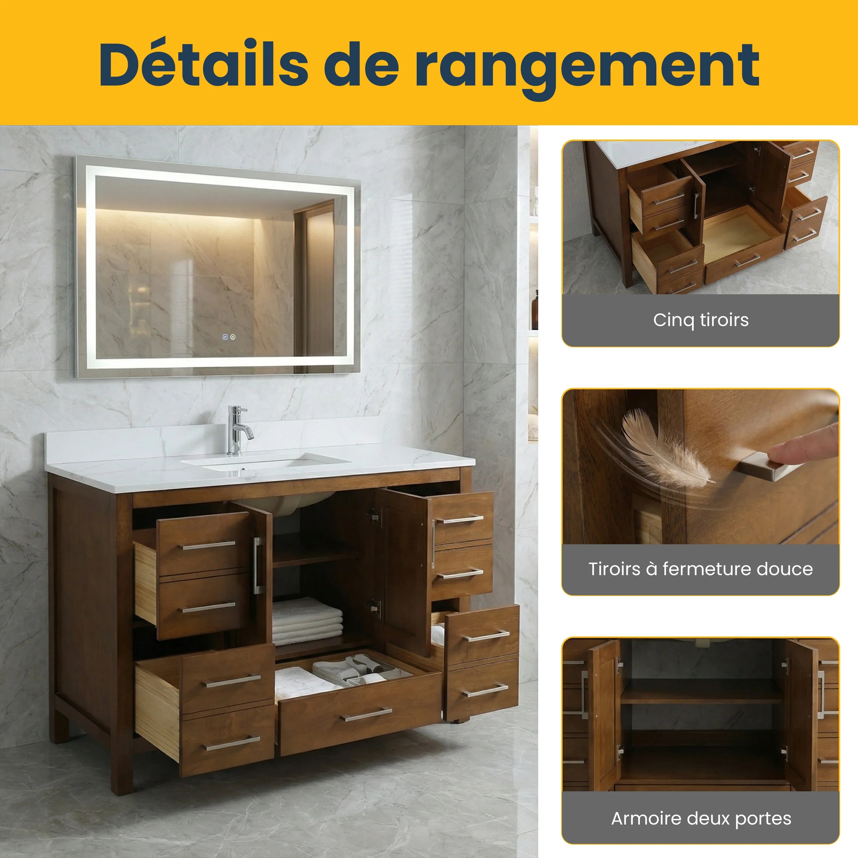 48" Walnut Freestanding Bathroom Vanity with Engineered Calcutta Marble Countertop