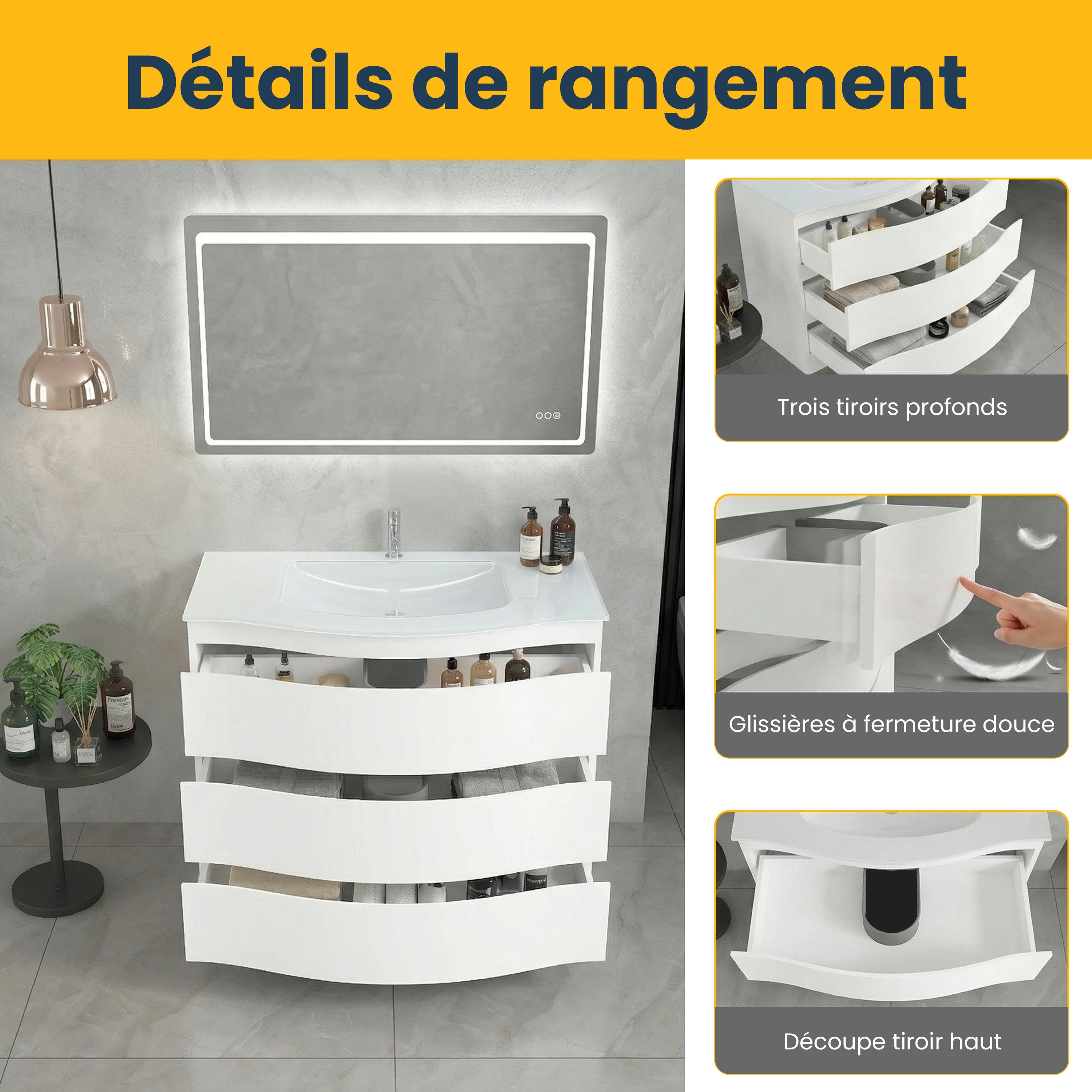 Meuble-Lavabo Autoportant 40po Blanc Mat avec Comptoir de Verre Blanc