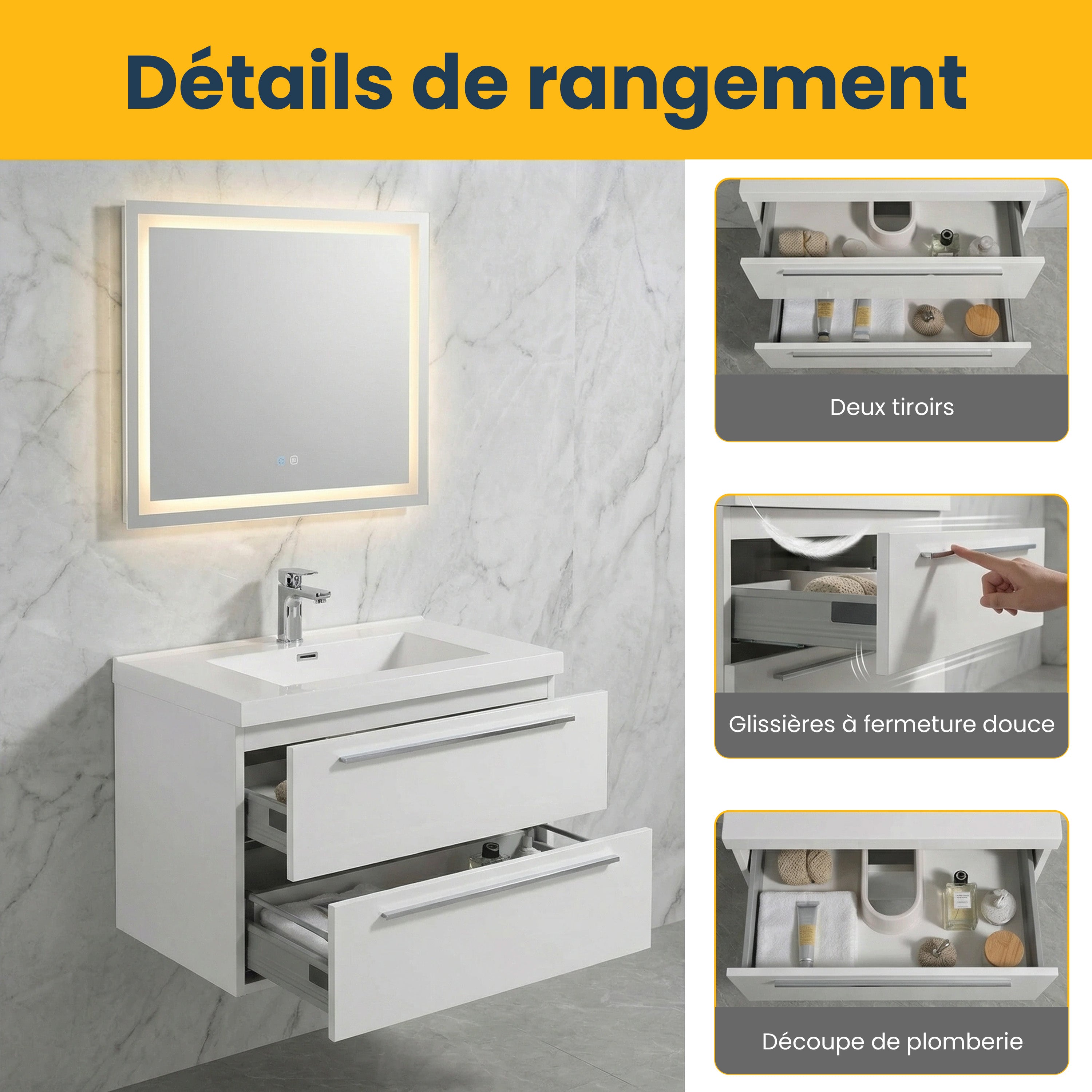 Meuble-Lavabo Mural 30po Blanc avec Comptoir de Polymarbre Blanc