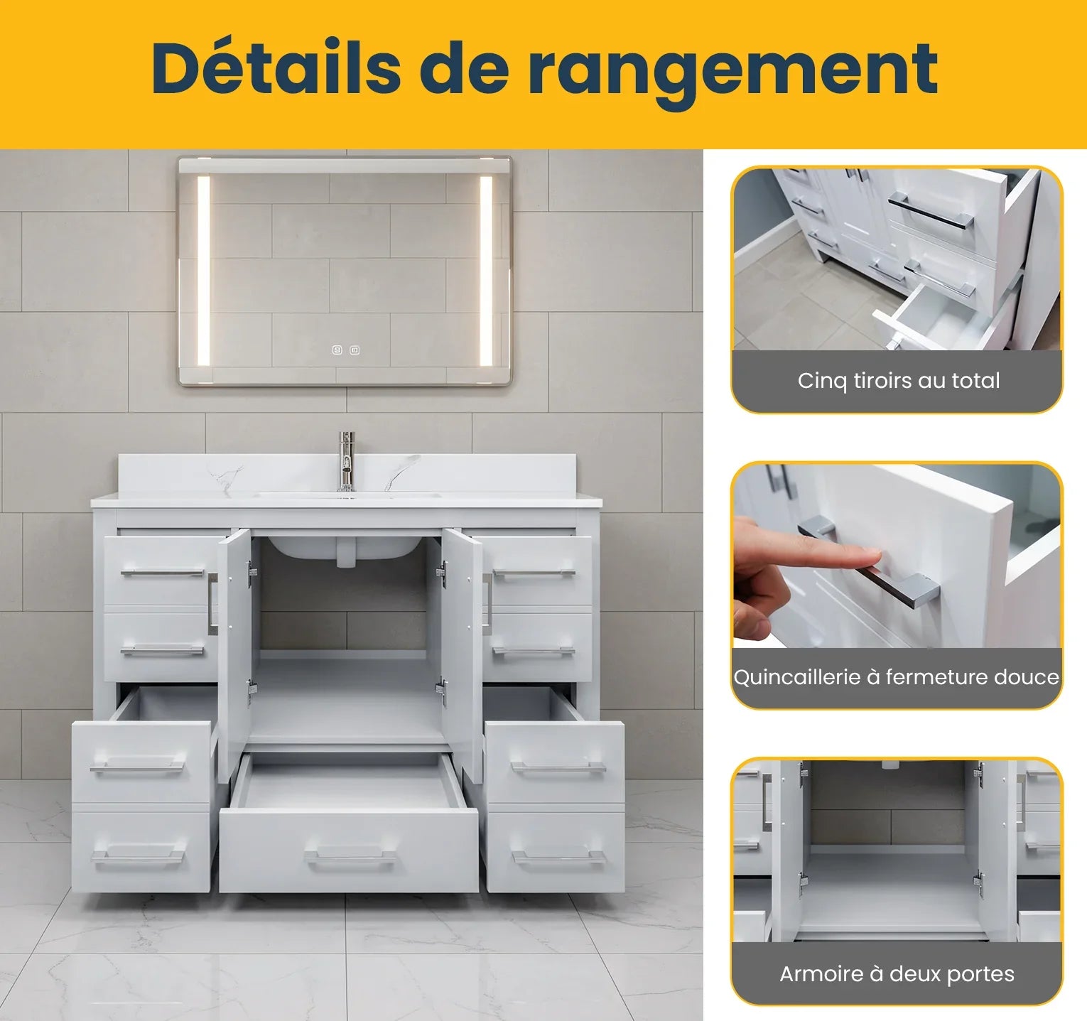 Meuble Lavabo Autoportant Hampton Gris 42po avec Comptoir en Marbre Calcutta