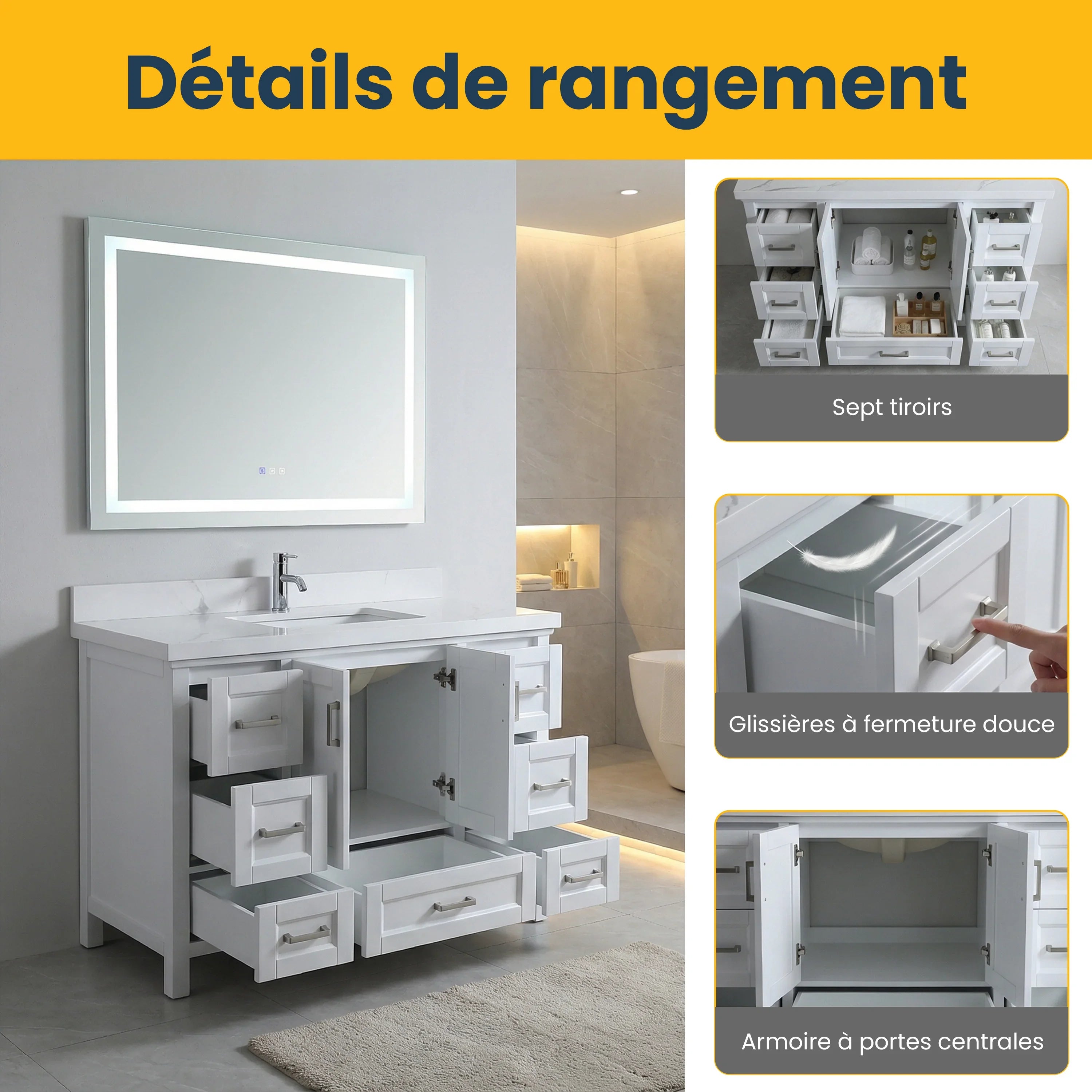 Meuble Lavabo Autoportant 48po Hampton Gris avec Comptoir Quartz Calcutta