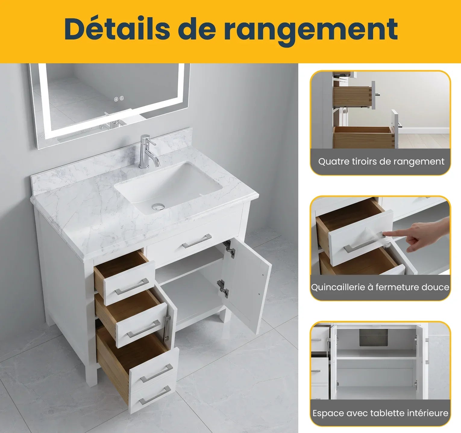 36" White Freestanding Single Sink Bathroom Vanity with Carrera Marble Countertop