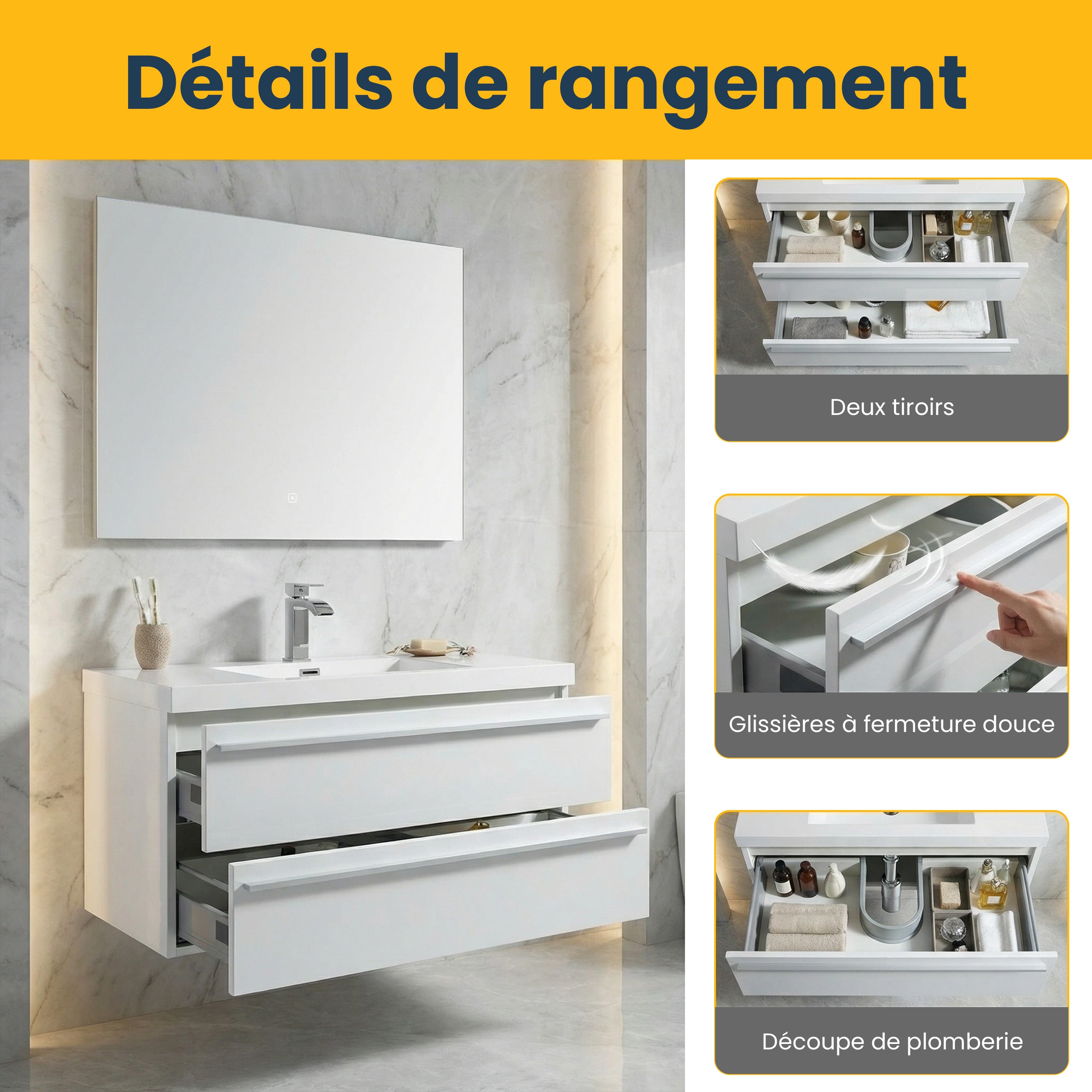 Meuble-Lavabo Mural Blanc de 36 po avec Comptoir en Polymarbre Blanc