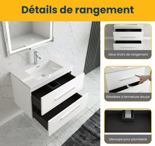 Meuble-Lavabo Mural 24po Blanc Mat avec Comptoir de Céramique Blanc