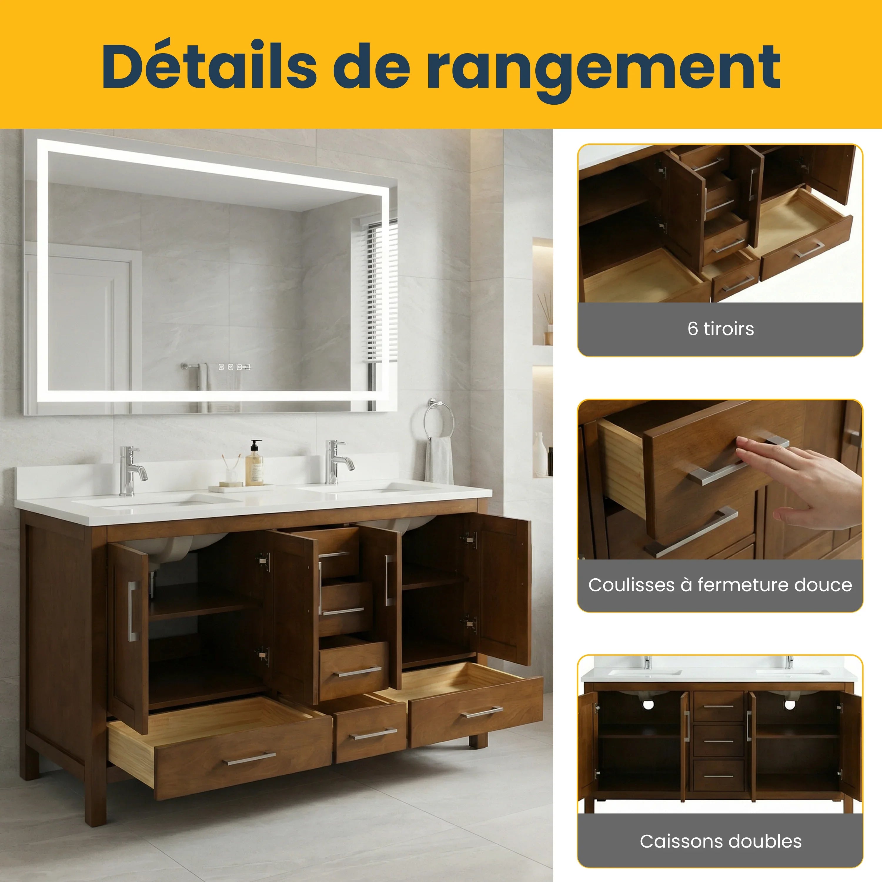 60" Walnut Freestanding Double Sink Bathroom Vanity with Engineered White Marble Countertop