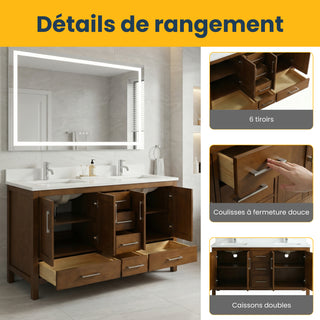 Meuble-lavabo double sur pied en noyer de 60 po avec comptoir en marbre blanc reconstitué