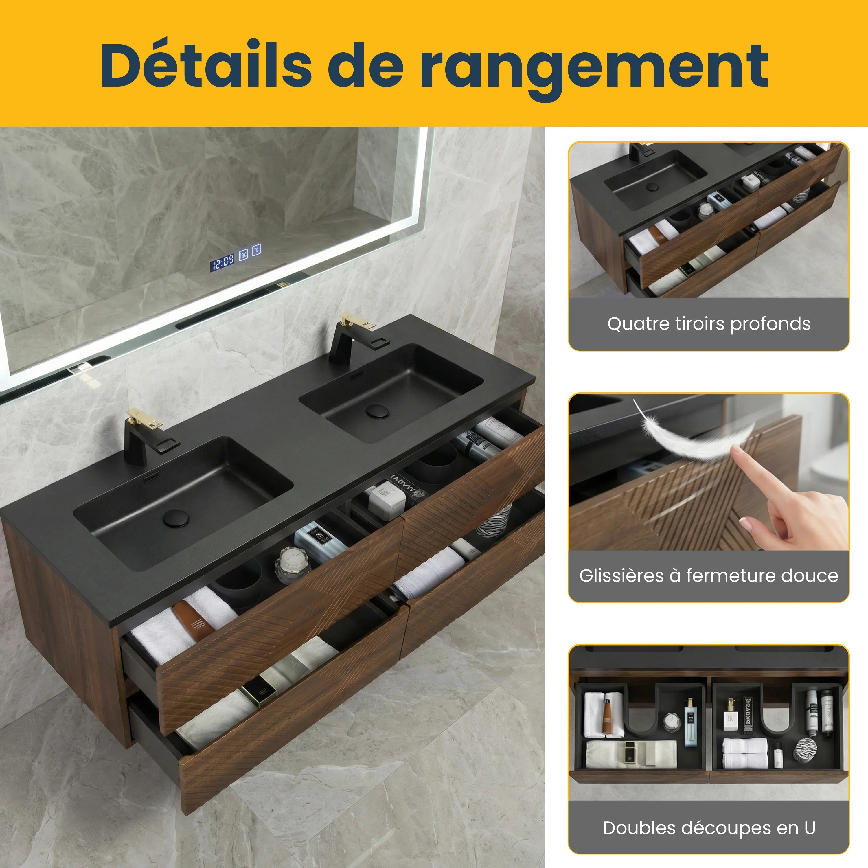 60" Walnut Wall Mount Double Sink Bathroom Vanity with Black Engineered Quartz Countertop