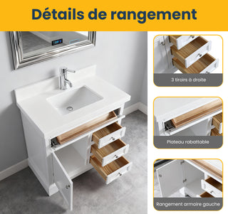 36" White Freestanding Single Sink Bathroom Vanity with Snow White Countertop