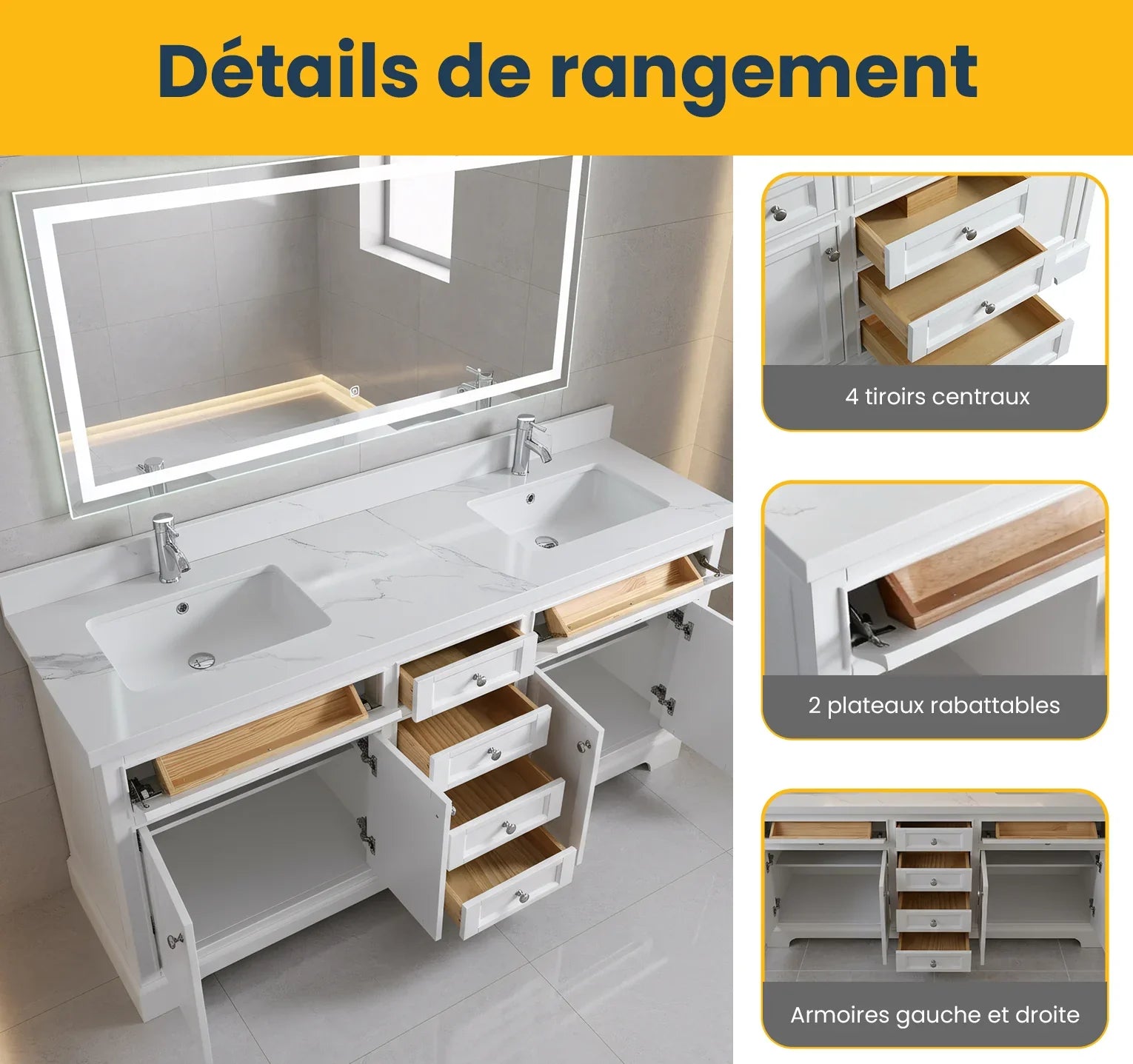 Meuble-Lavabo Autoportant 72po Blanc avec Comptoir de Marbre Ingénierie Calcutta