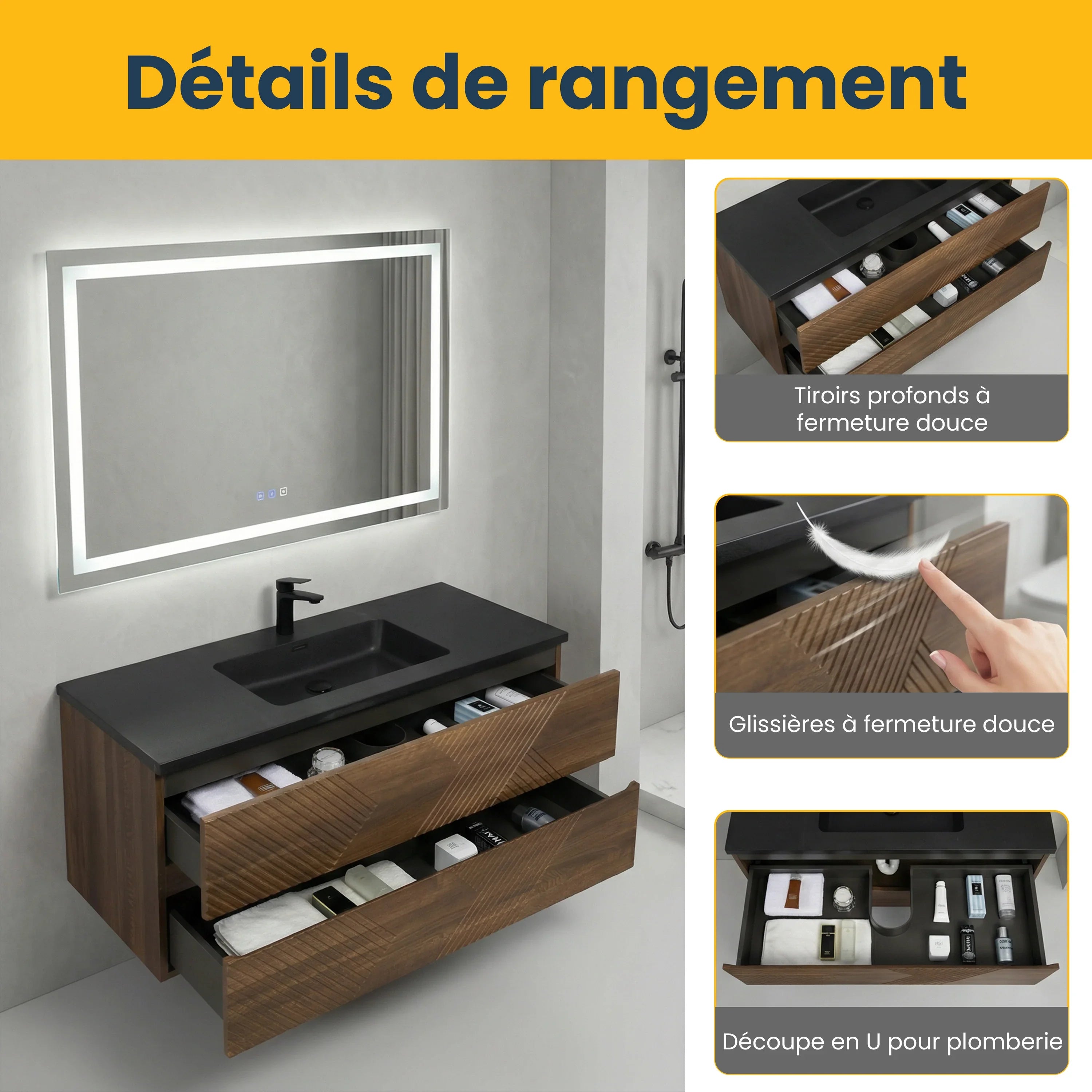 48" Walnut Wall Mount Single Sink Bathroom Vanity with Black Engineered Quartz Countertop