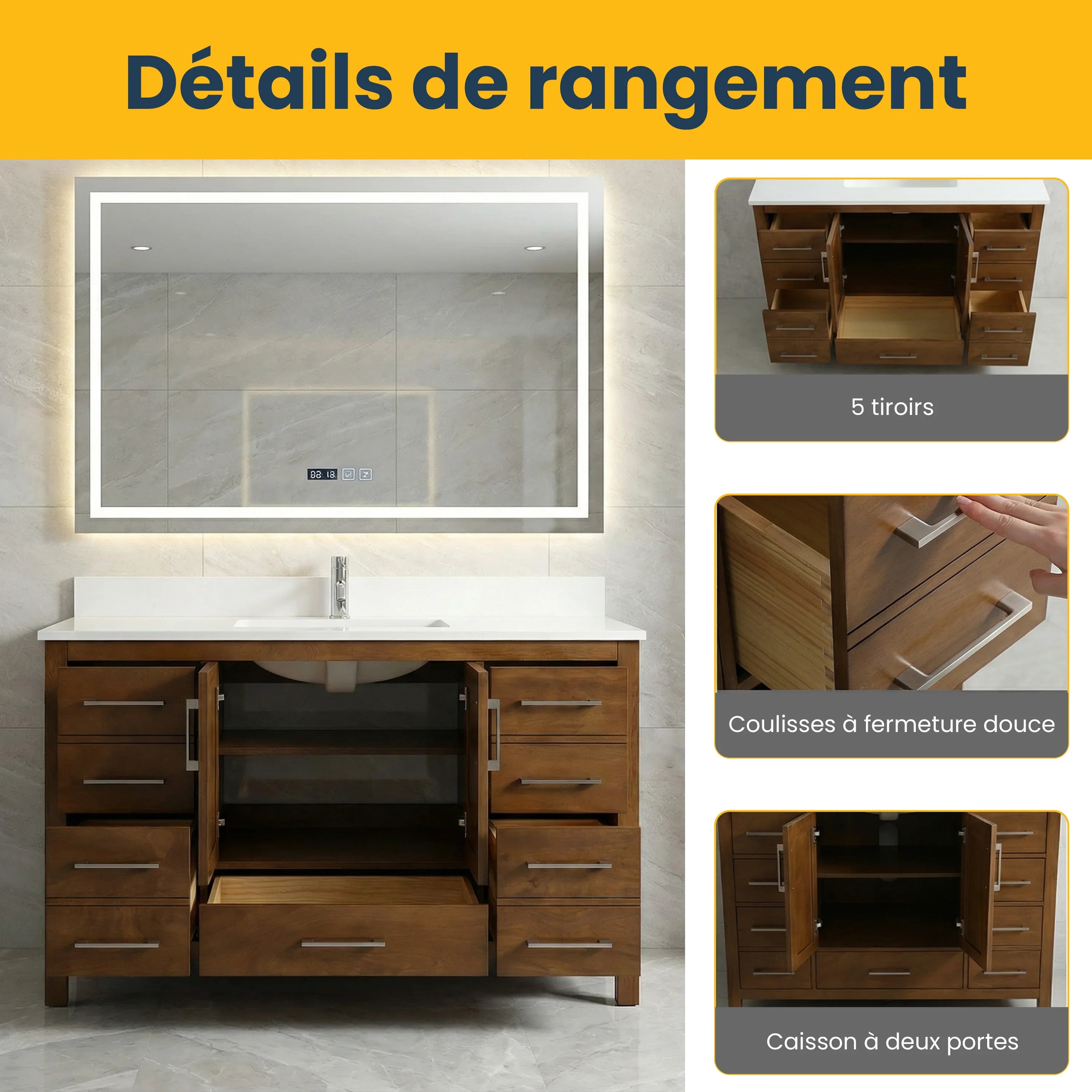 48" Walnut Freestanding Bathroom Vanity with Engineered White Marble Countertop