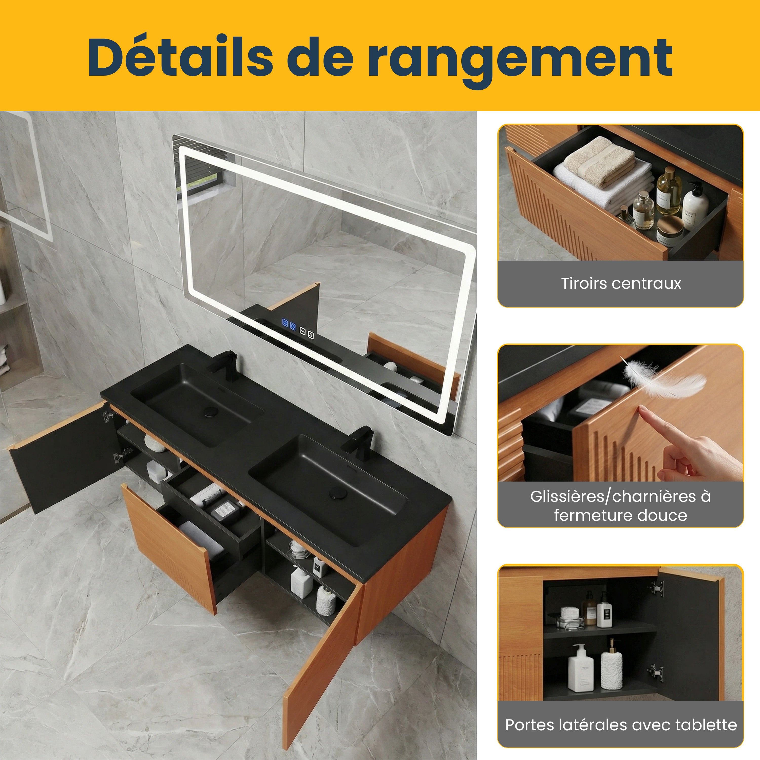 60" Light Oak Wall-Mounted Double Sink Bathroom Vanity with Black Engineered Quartz Countertop