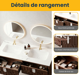 Meuble-lavabo double vasque Belfort 60 po en noyer - Plan de travail en marbre blanc de Carrare