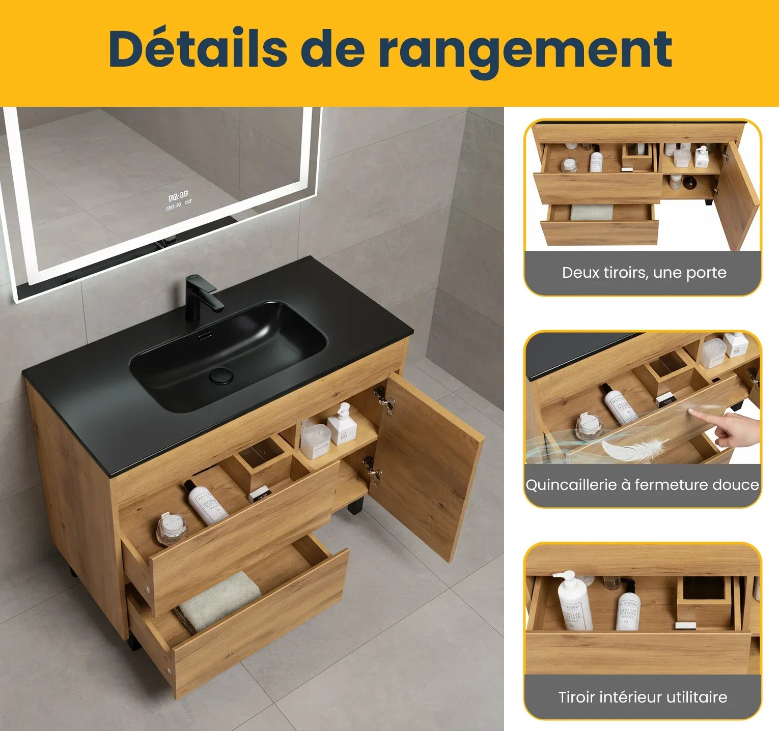 40" Frosted Oak Freestanding Single Sink Bathroom Vanity with Black Ceramic Countetop