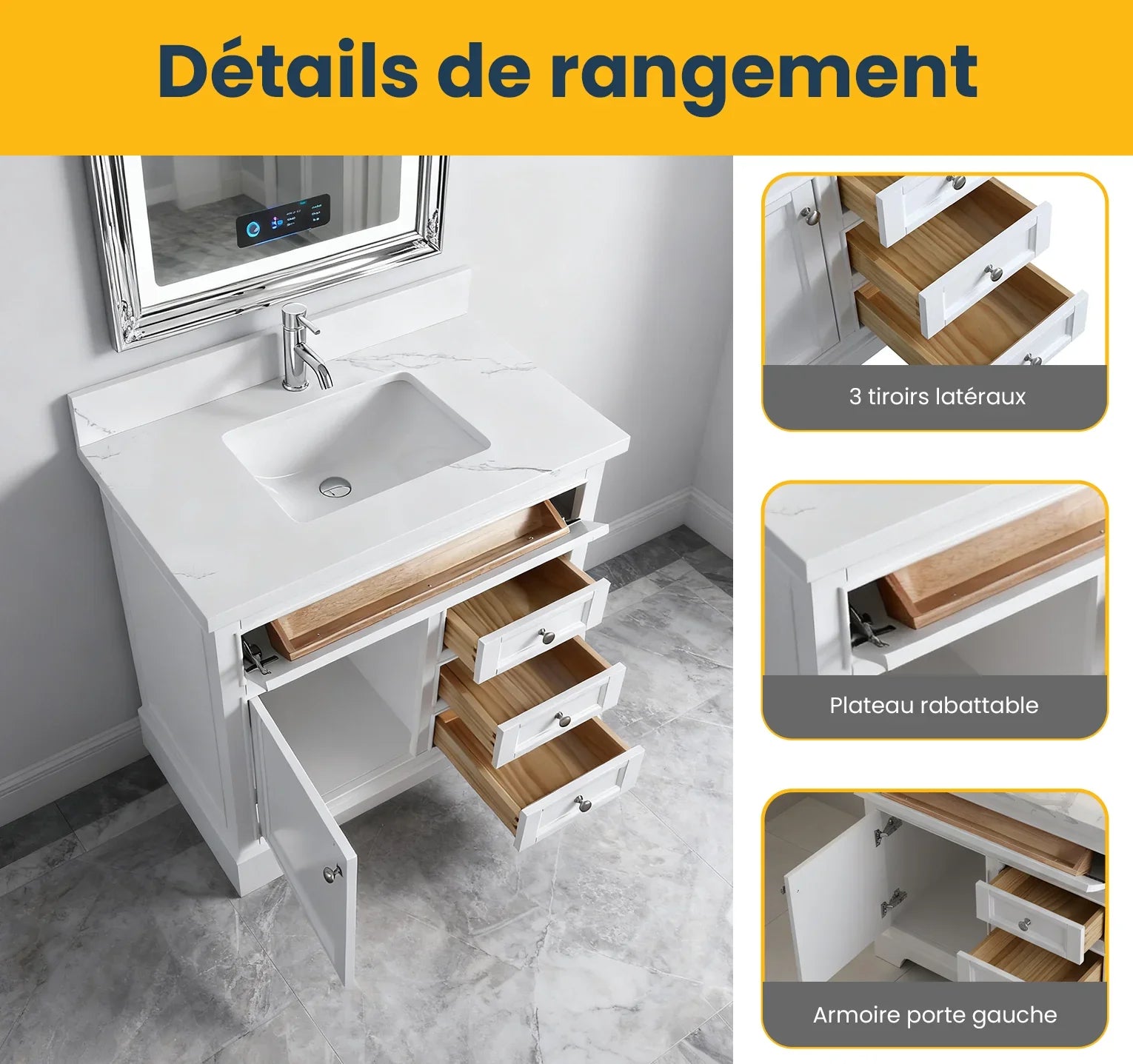 Meuble-lavabo de salle de bain autoportant blanc 36" avec Comptoir en marbre Calcutta reconstitué