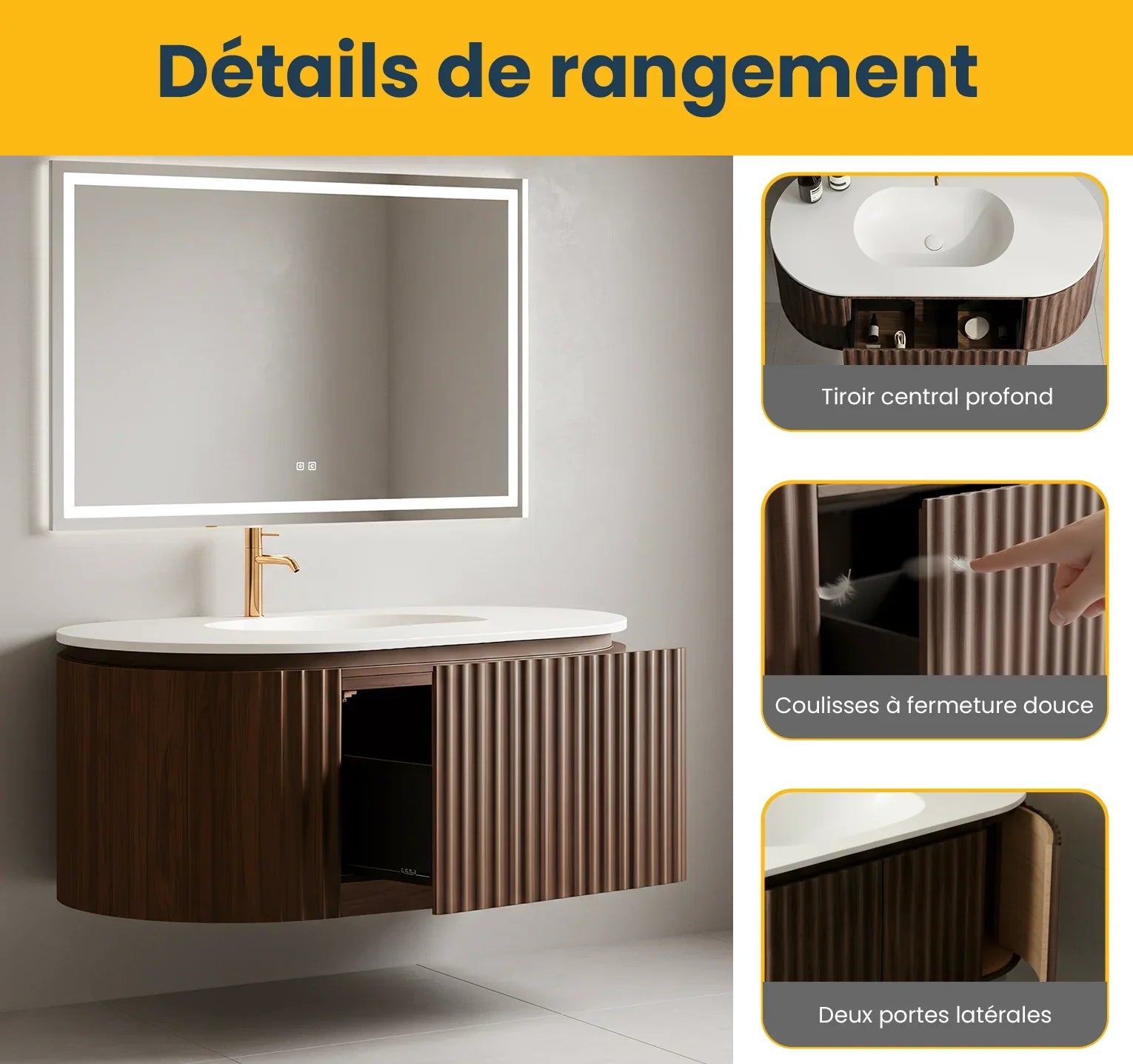 Meuble-lavabo 48 po en noyer courbé et cannelé - Comptoir blanc mat