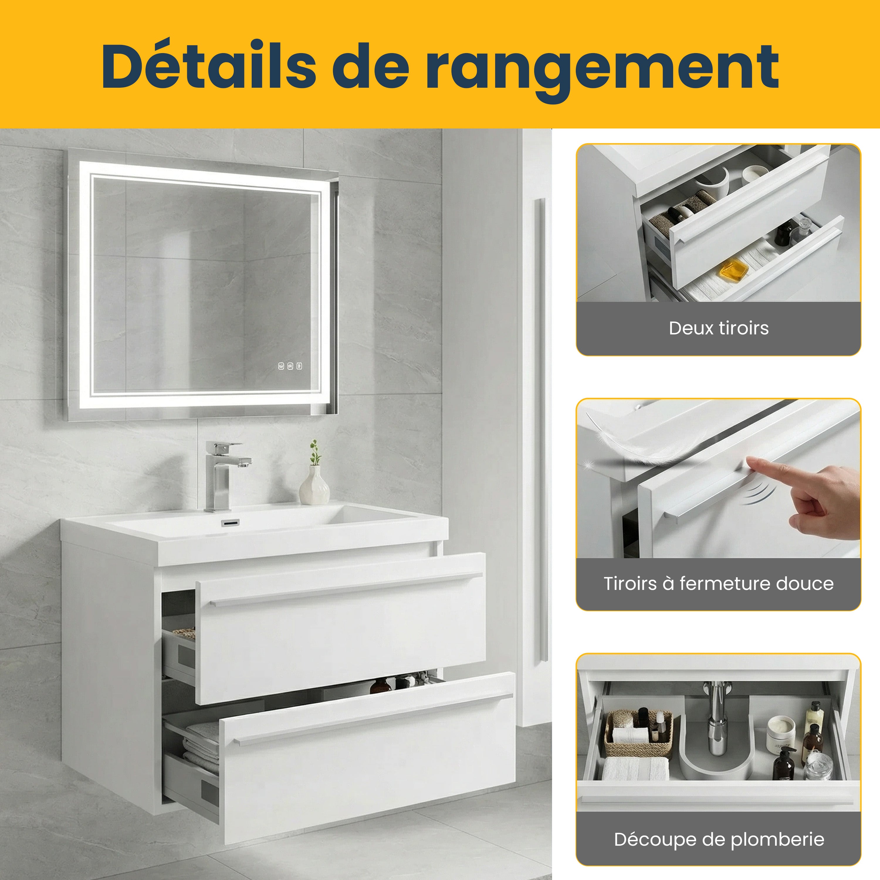 Meuble-lavabo mural blanc 24" avec Comptoir en polymarbre blanc