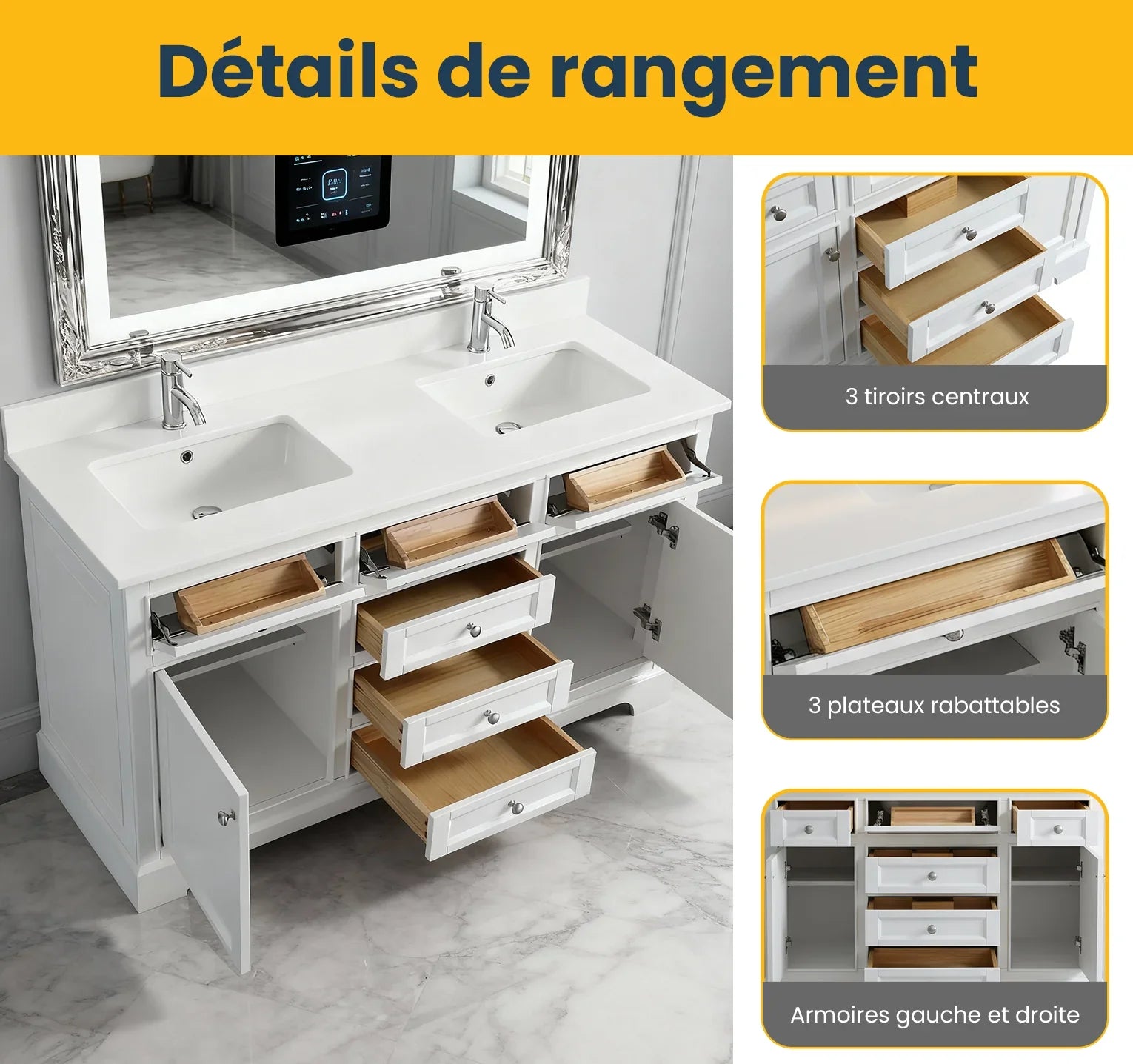 60" White Freestanding Double Sink Bathroom Vanity with Solid White Quartz Countertop