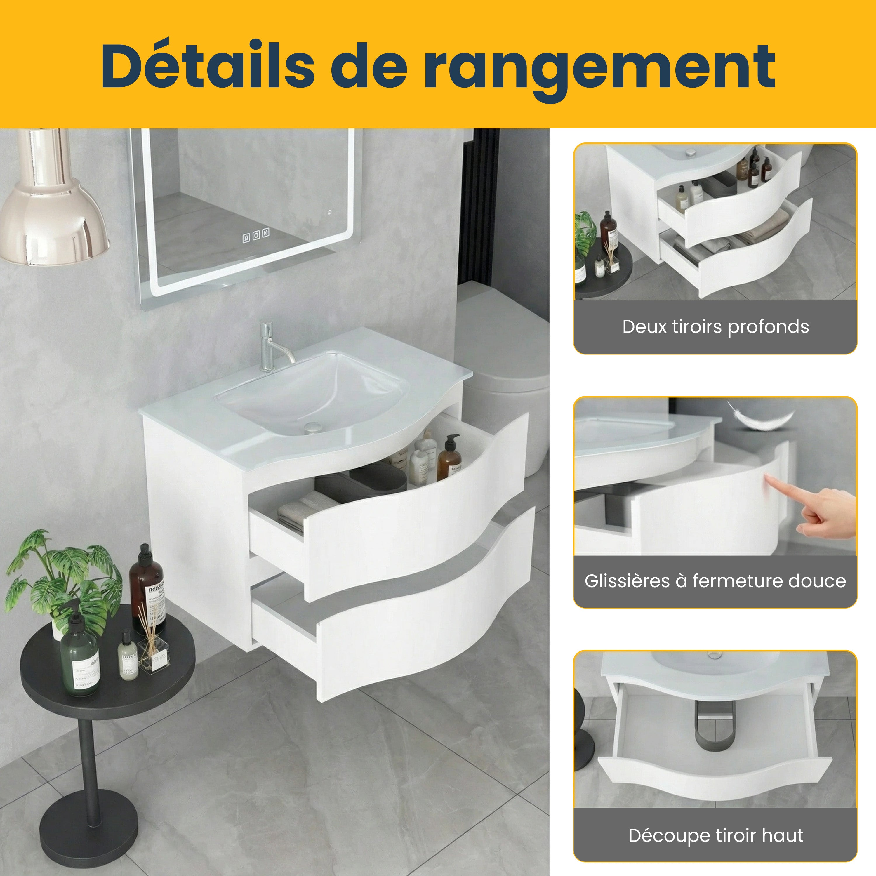 30" Matte White Wall Mount Single Sink Bathroom Vanity with White Glass Countertop