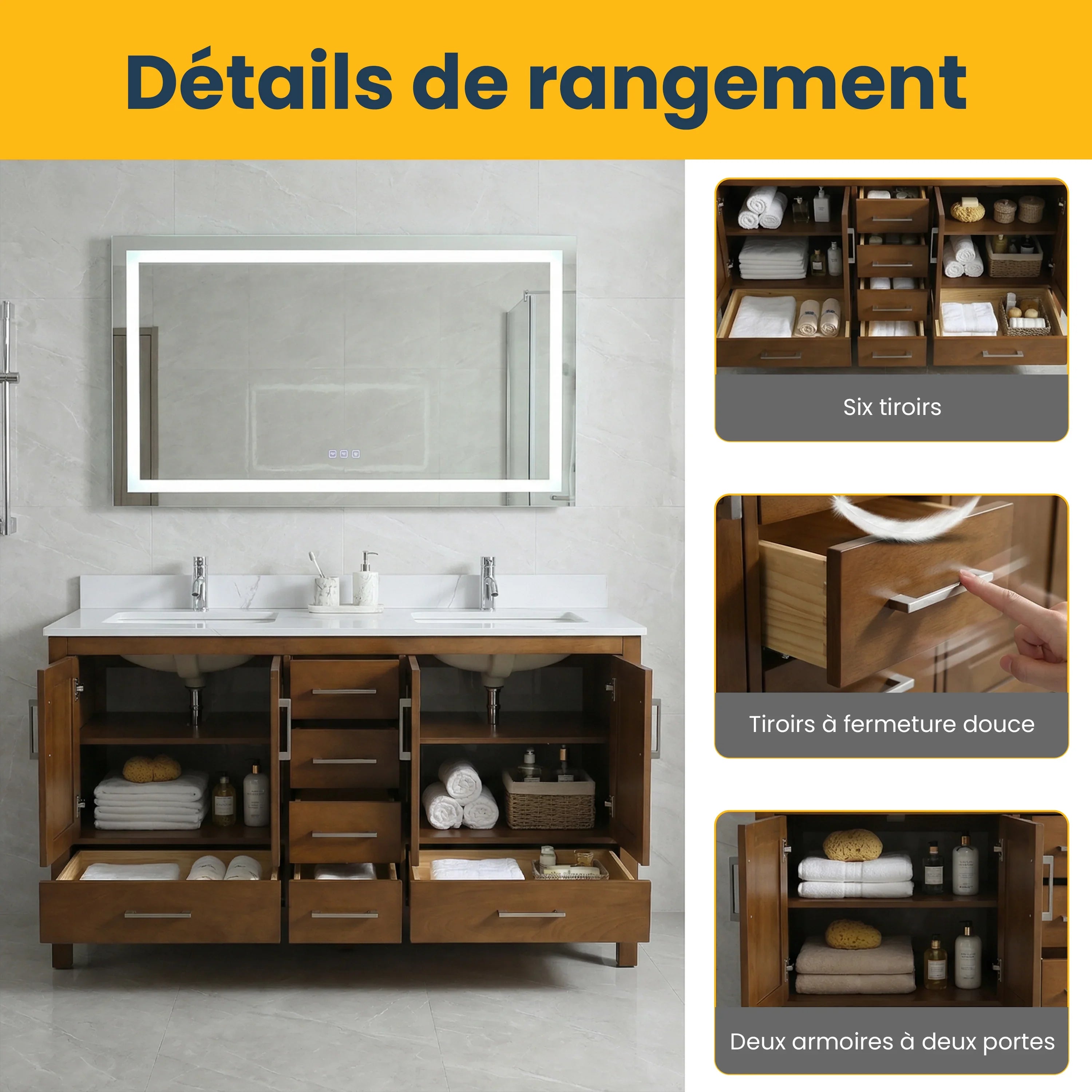 Meuble-lavabo double sur pied en noyer de 60 pouces avec comptoir en marbre reconstitué de Calacatta