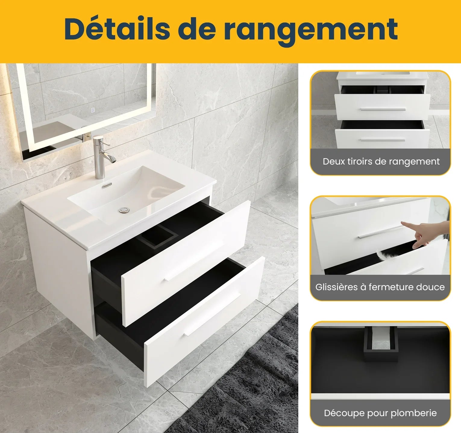 30" Matte White Wall Mount Bathroom Vanity with White Ceramic Countertop