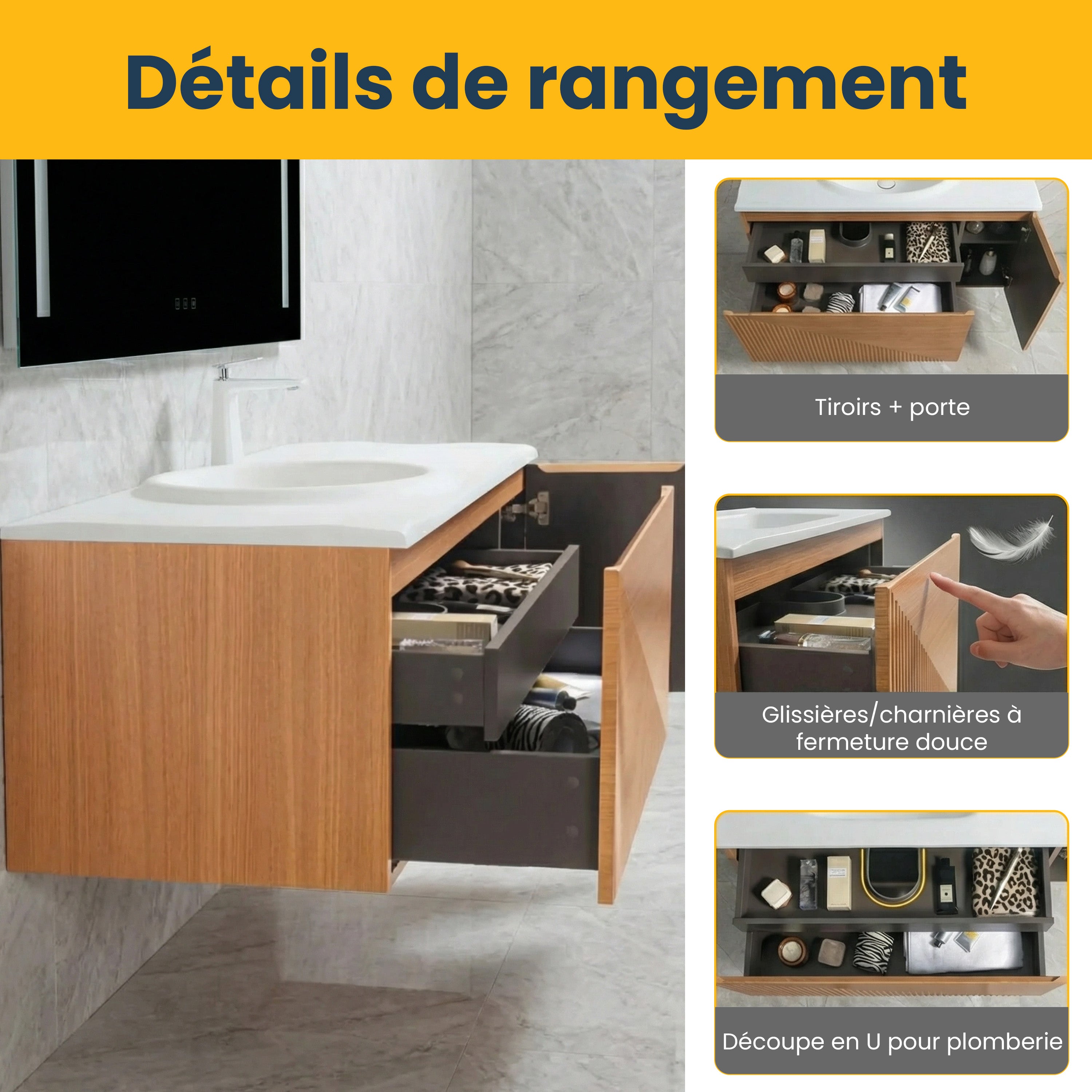 48" Light Oak Wall Mount Bathroom with White Solid Surface Countertop