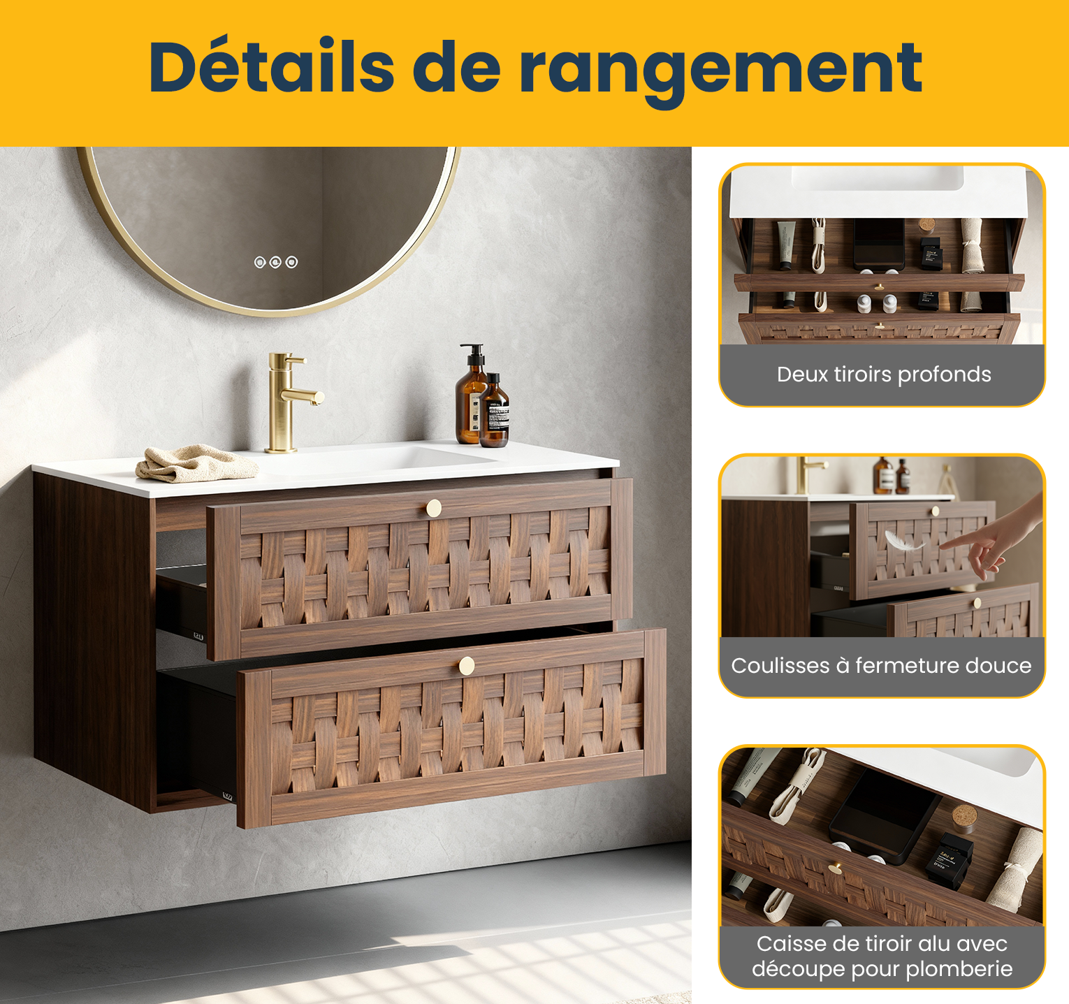 36" Walnut Wall-Mount Single Sink Bathroom Vanity with Matte White Solid Surface Countertop