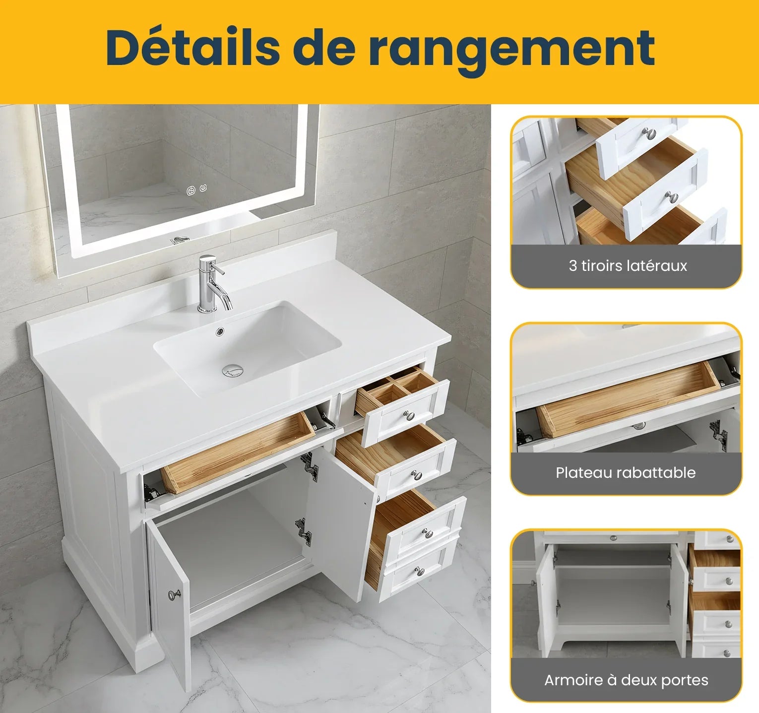Meuble-Lavabo Autoportant 42po Blanc avec Comptoir de Quartz Blanc