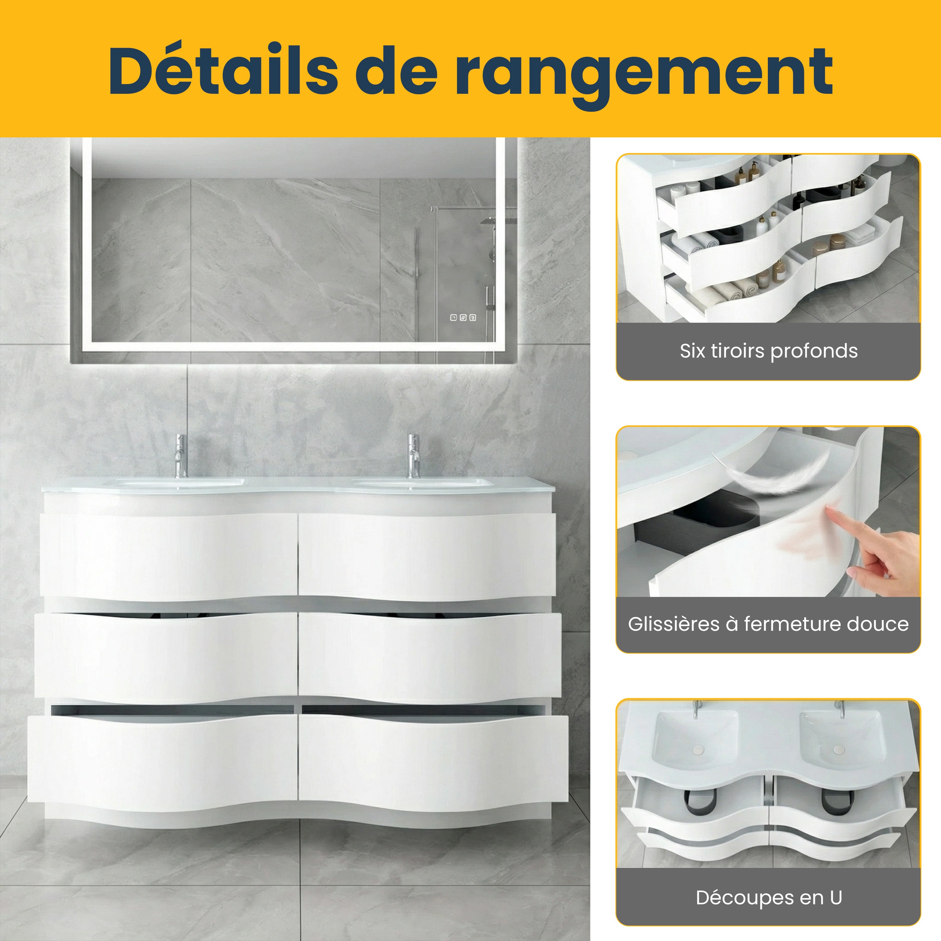 60" Matte White Freestanding Double Sink Bathroom Vanity with White Glass Countertop