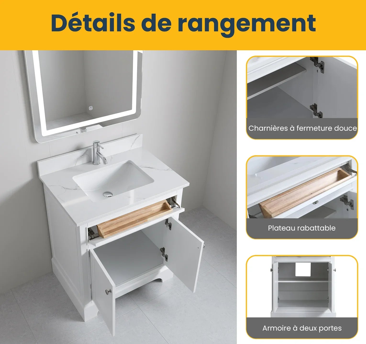 Meuble-Lavabo Autoportant 24po Blanc avec Comptoir de Marbre Ingénierie Calcutta